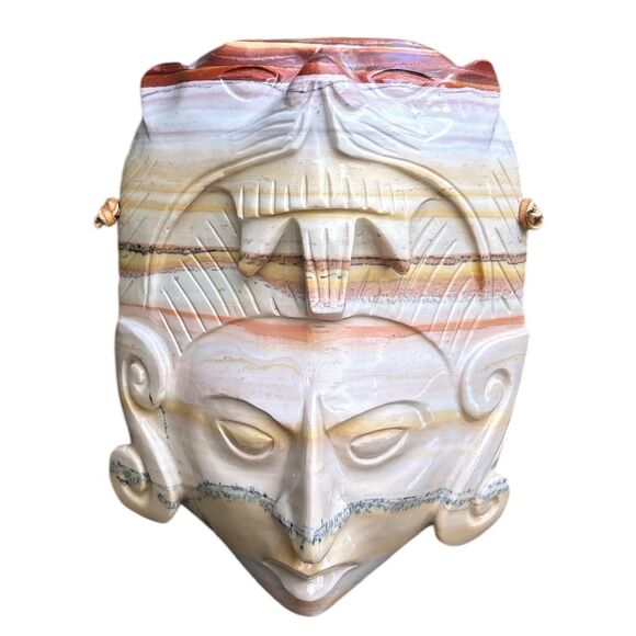 Hand Carved Cream Colored African Onyx Marble Style Wall Hanging Face Mask - Picture 4 of 6